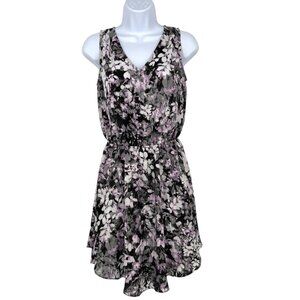 WHBM Floral Sleeveless V-Neck Mini Dress Black Purple Size 0